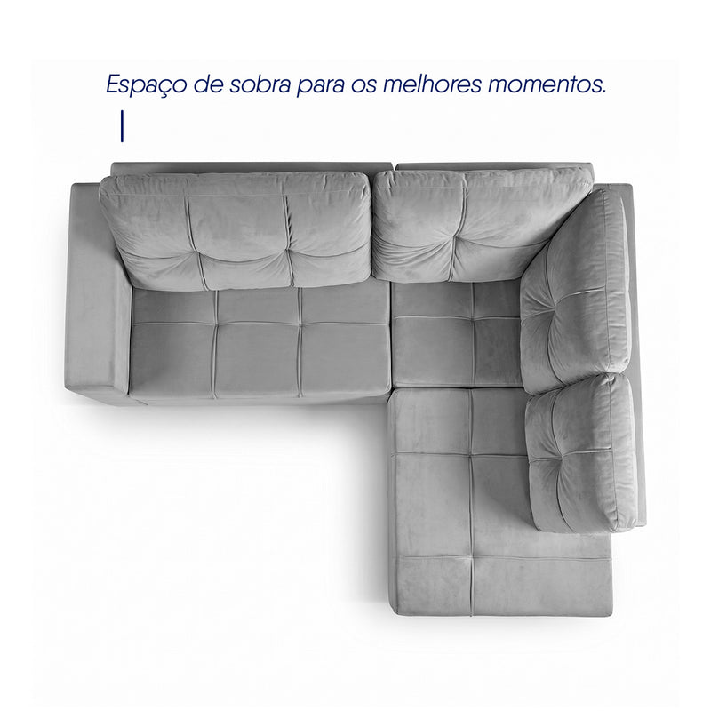 Sofá de Canto com Chaise Ibarra Suede Velut Cinza