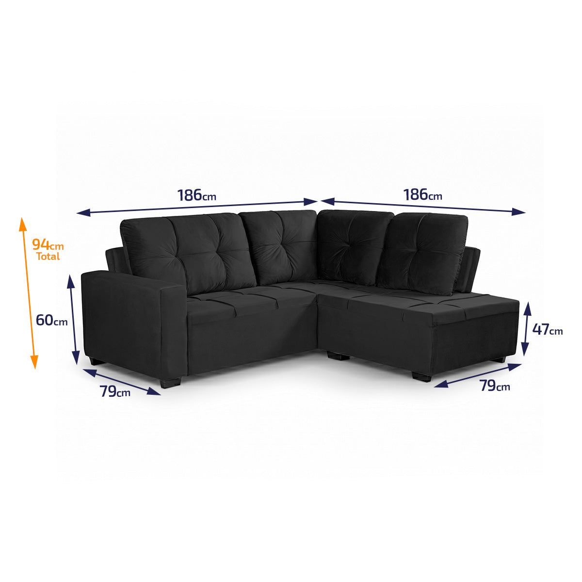 Sofá de Canto com Chaise Ibarra Suede Velut Preto