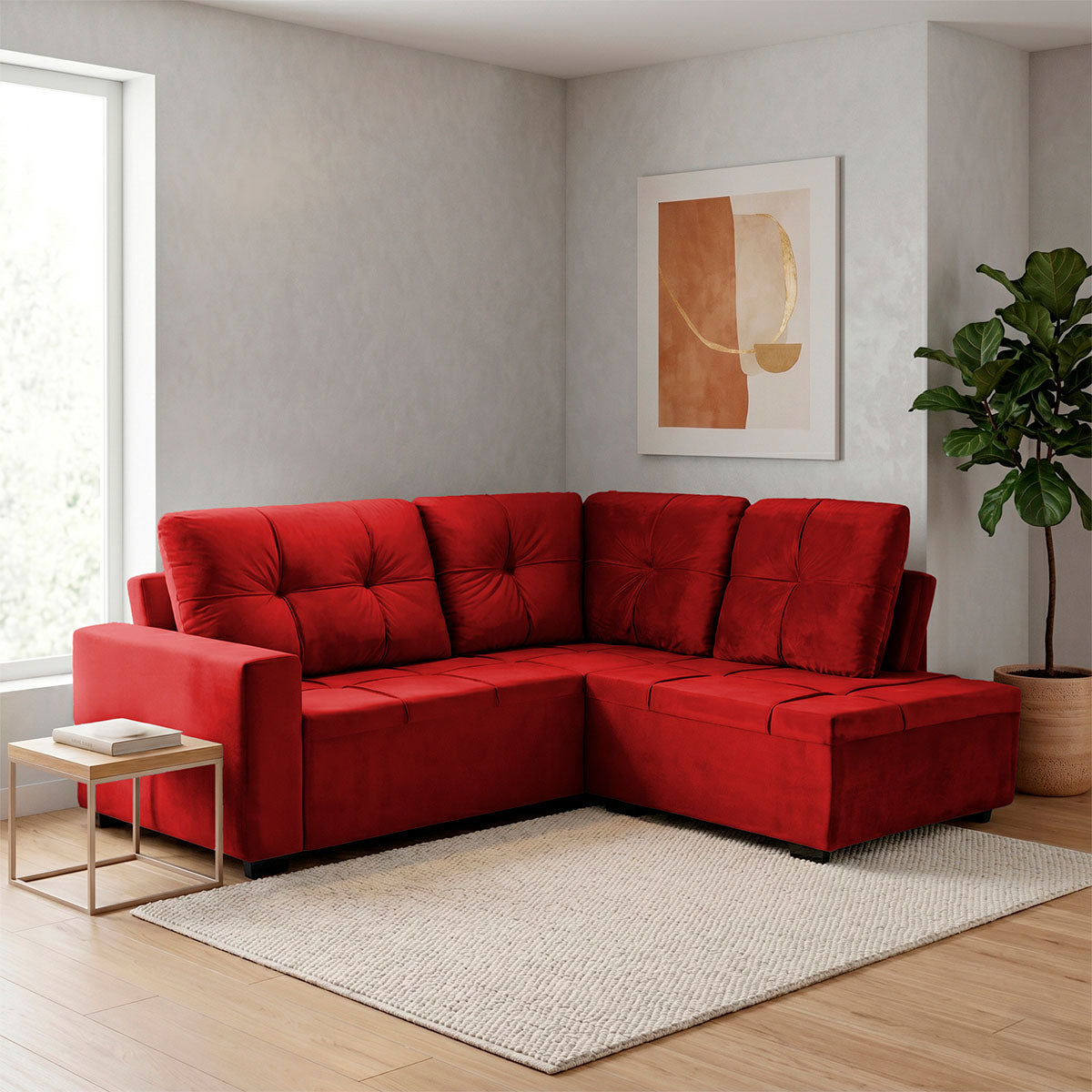 Sofá de Canto com Chaise Ibarra Suede Velut Vermelho