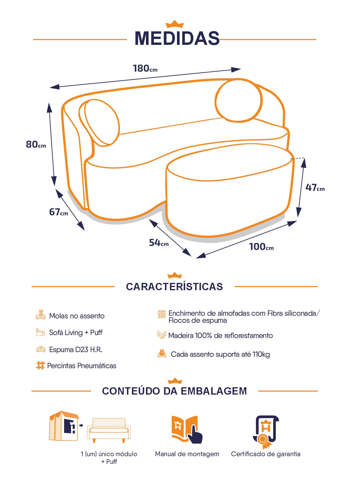 Sofá Orgânico Ilhéus 1,80m Bouclê Bege com Puff