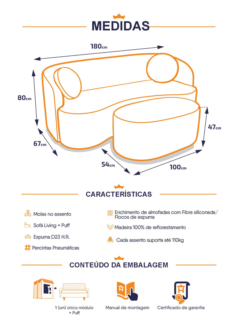 Sofá Orgânico Ilhéus 1,80m Bouclê Marrom com Puff
