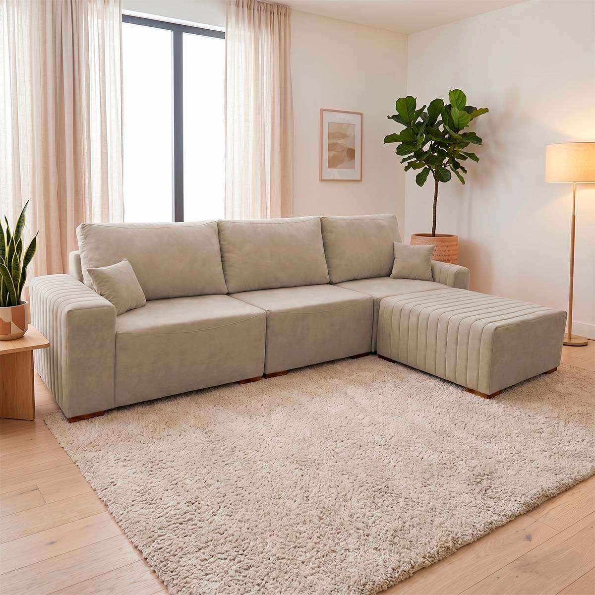 Sofá Modular Kavak 3,31m Bouclê Bege Com Chaise