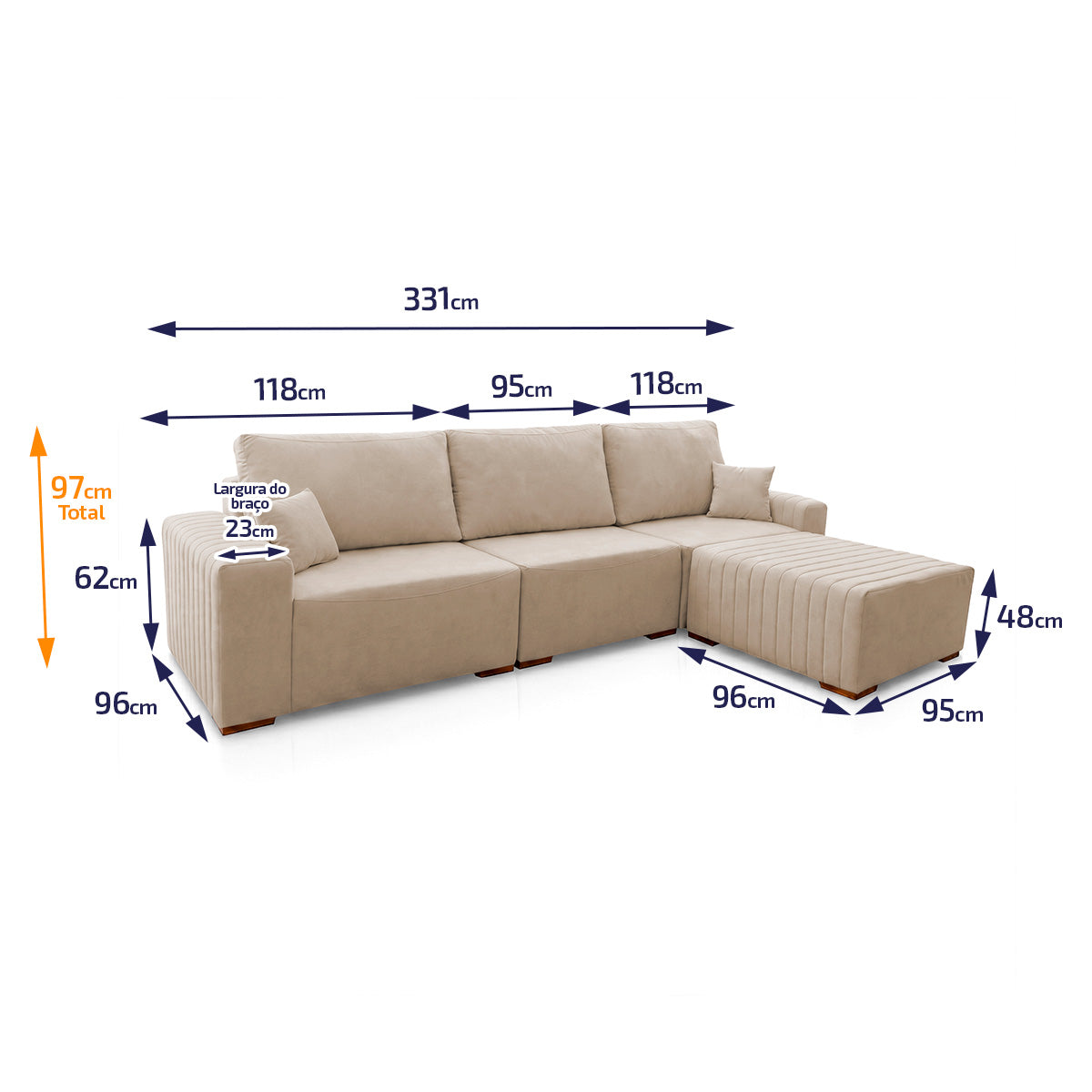 Sofá Modular Kavak 3,31m Bouclê Bege Com Chaise