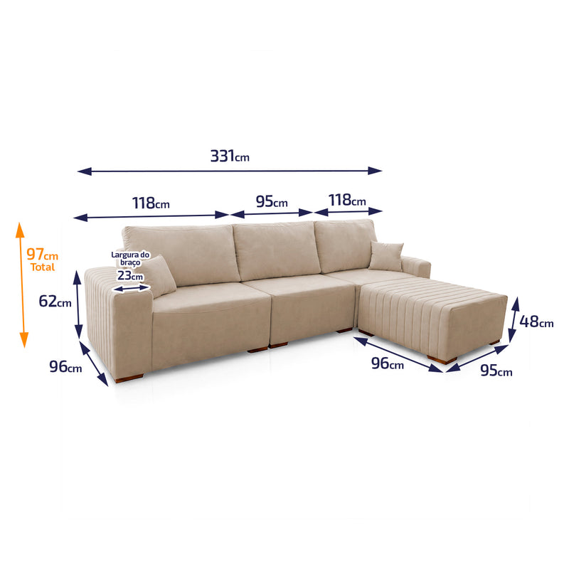Sofá Modular Kavak 3,31m Bouclê Bege Com Chaise