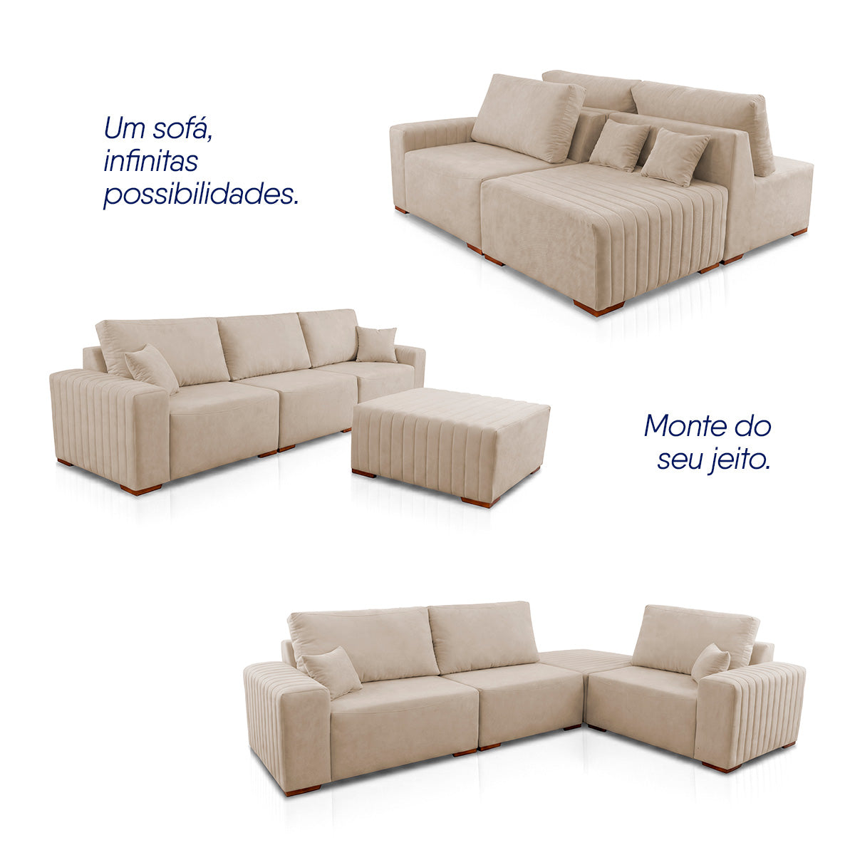 Sofá Modular Kavak 3,31m Bouclê Bege Com Chaise