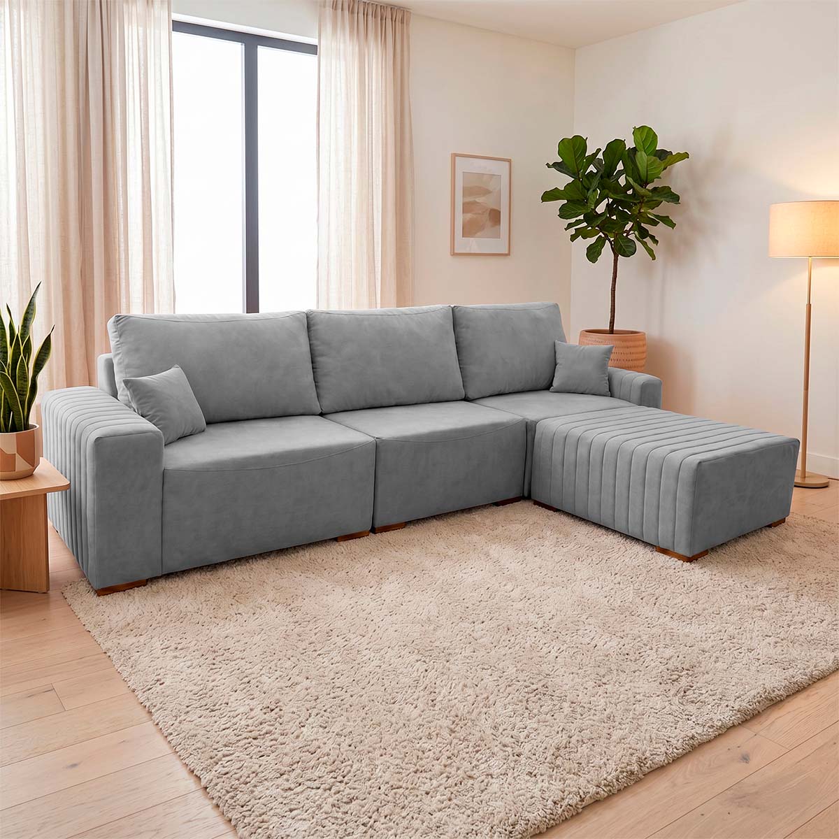 Sofá Modular Kavak 3,31m Bouclê Cinza Com Chaise