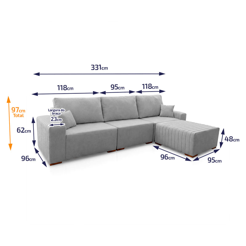Sofá Modular Kavak 3,31m Bouclê Cinza Com Chaise