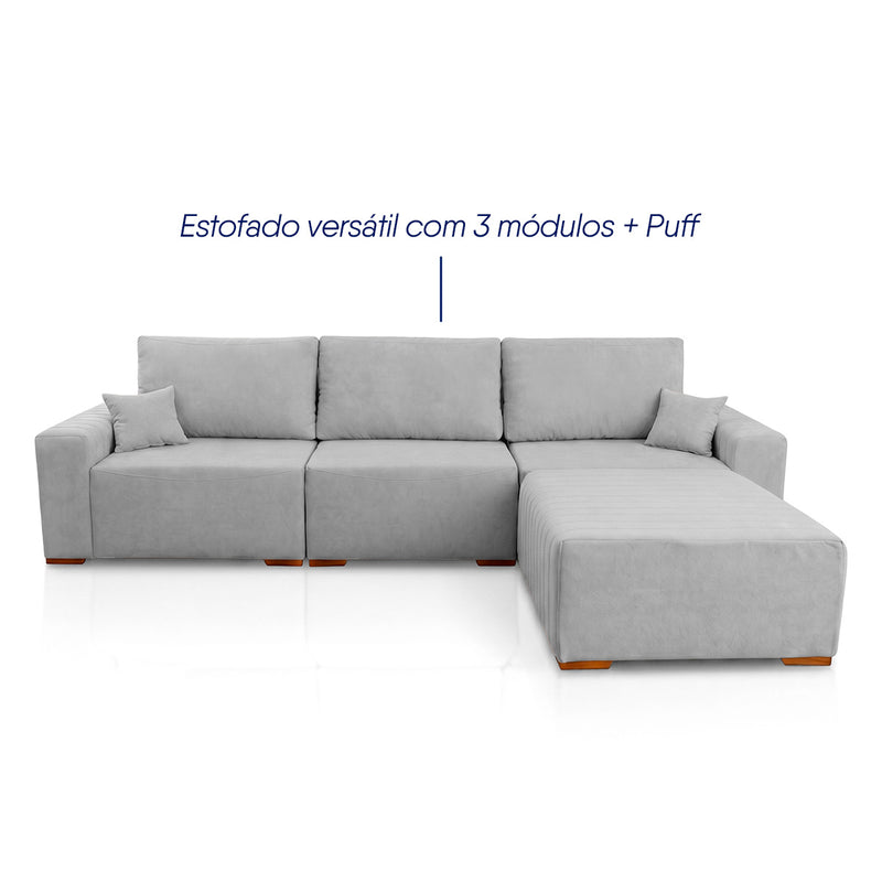 Sofá Modular Kavak 3,31m Bouclê Cinza Com Chaise