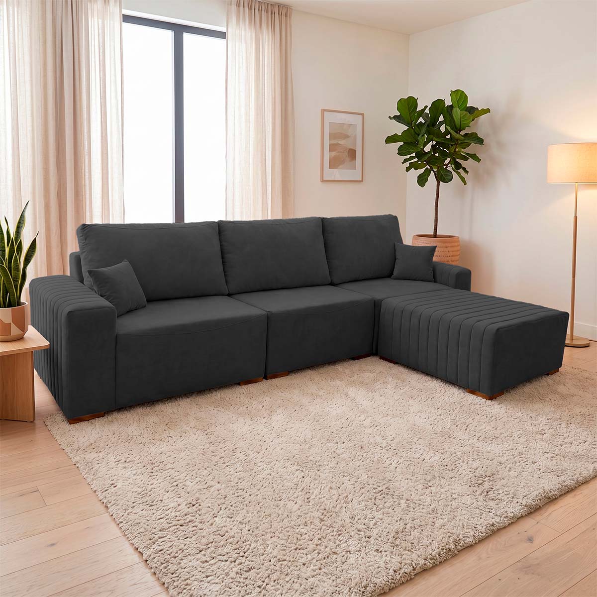 Sofá Modular Kavak 3,31m Bouclê Grafite Com Chaise