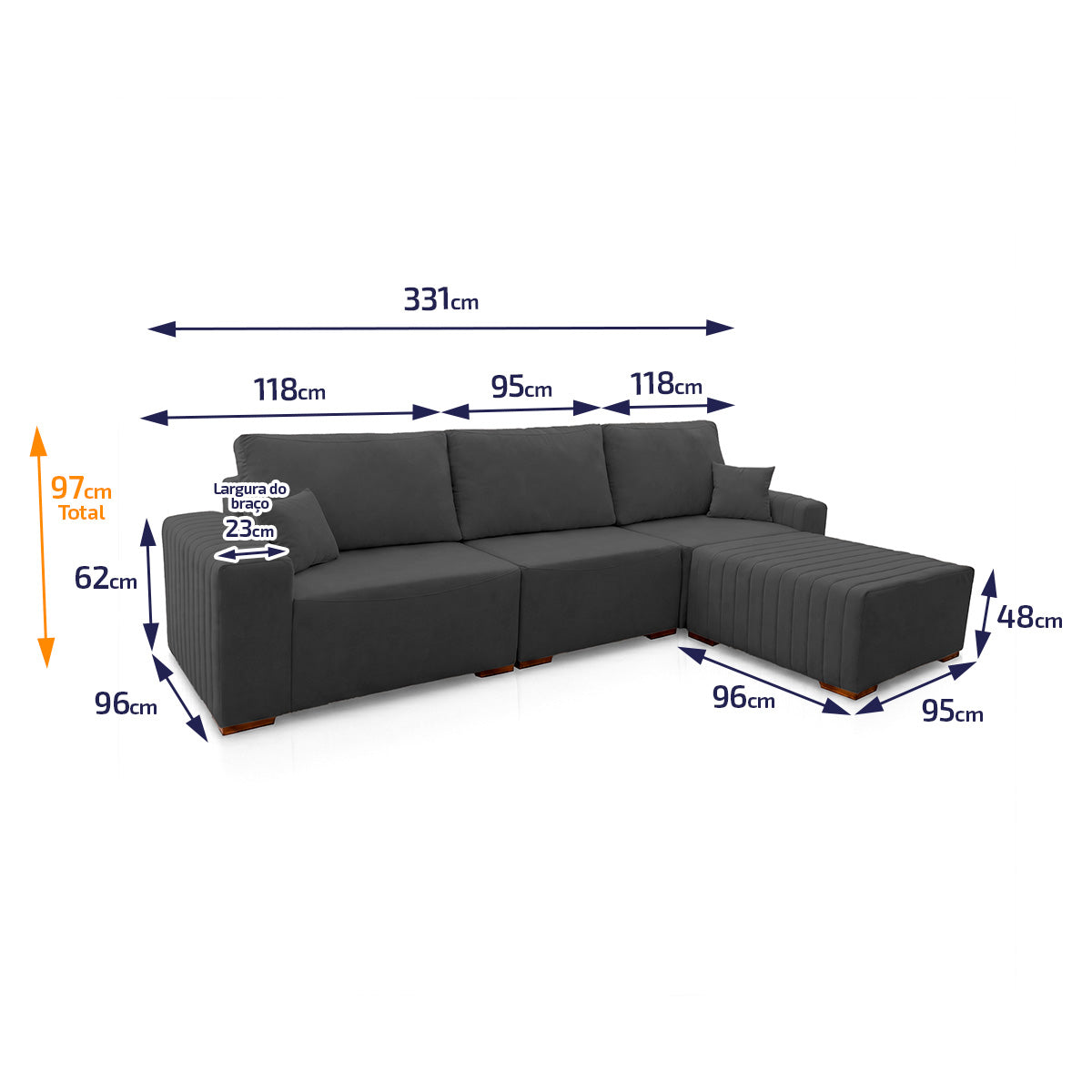 Sofá Modular Kavak 3,31m Bouclê Grafite Com Chaise