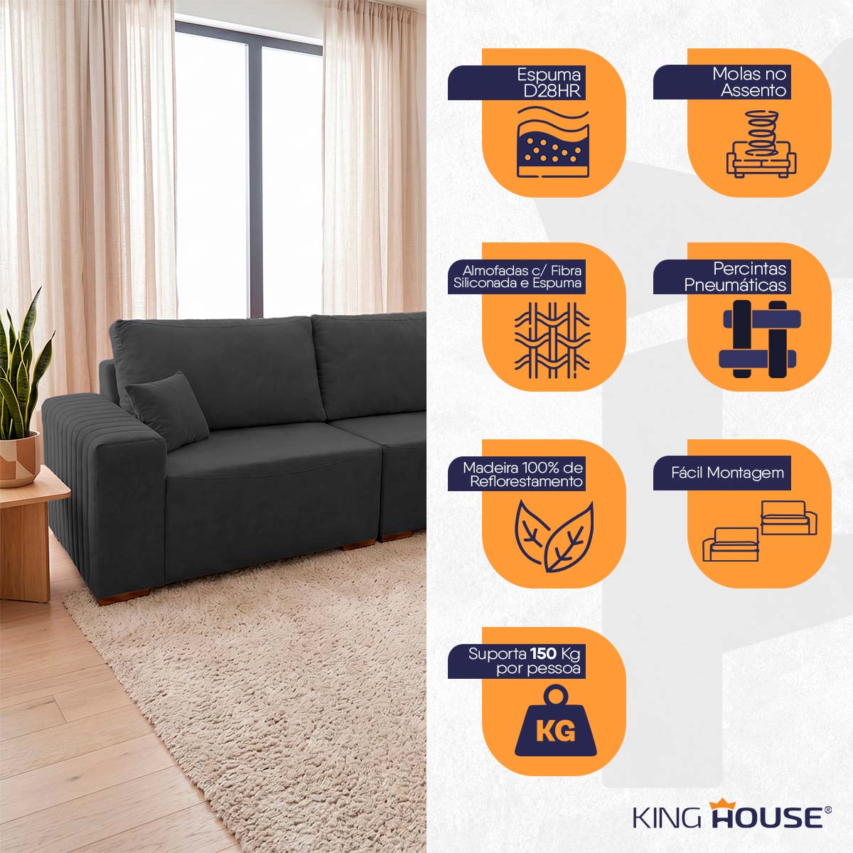 Sofá Modular Kavak 3,31m Bouclê Grafite Com Chaise