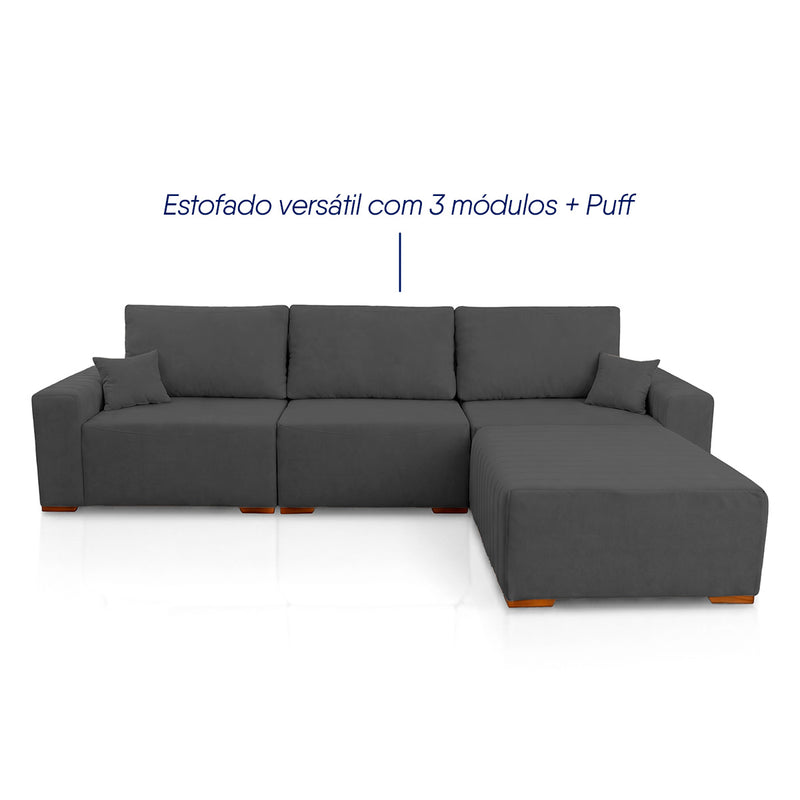 Sofá Modular Kavak 3,31m Bouclê Grafite Com Chaise
