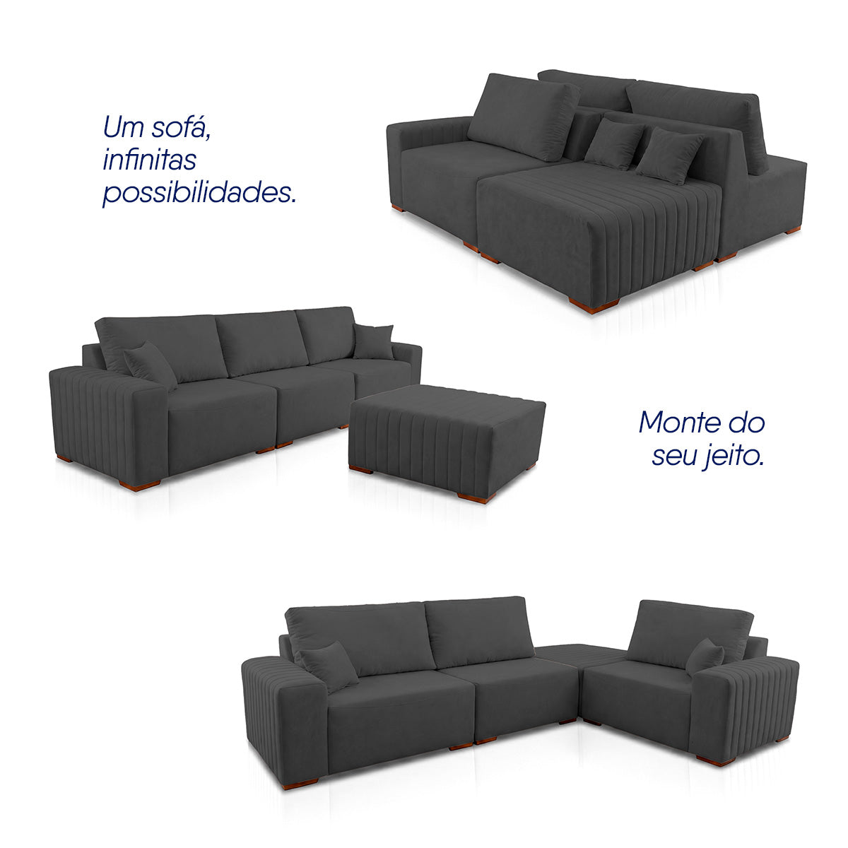 Sofá Modular Kavak 3,31m Bouclê Grafite Com Chaise