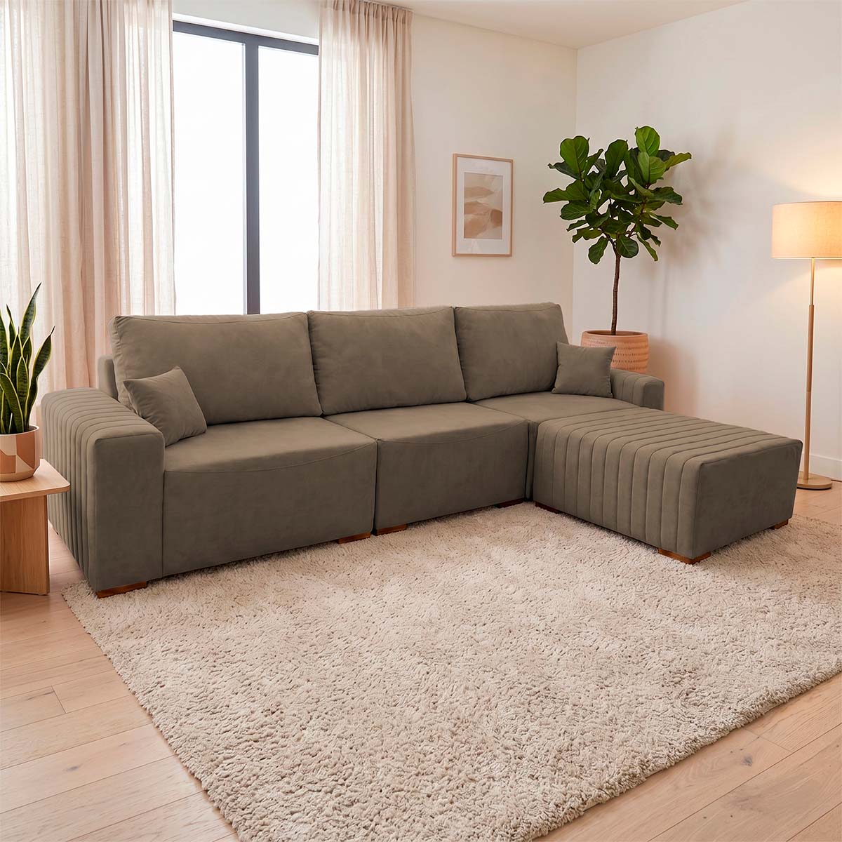 Sofá Modular Kavak 3,31m Bouclê Marrom Com Chaise