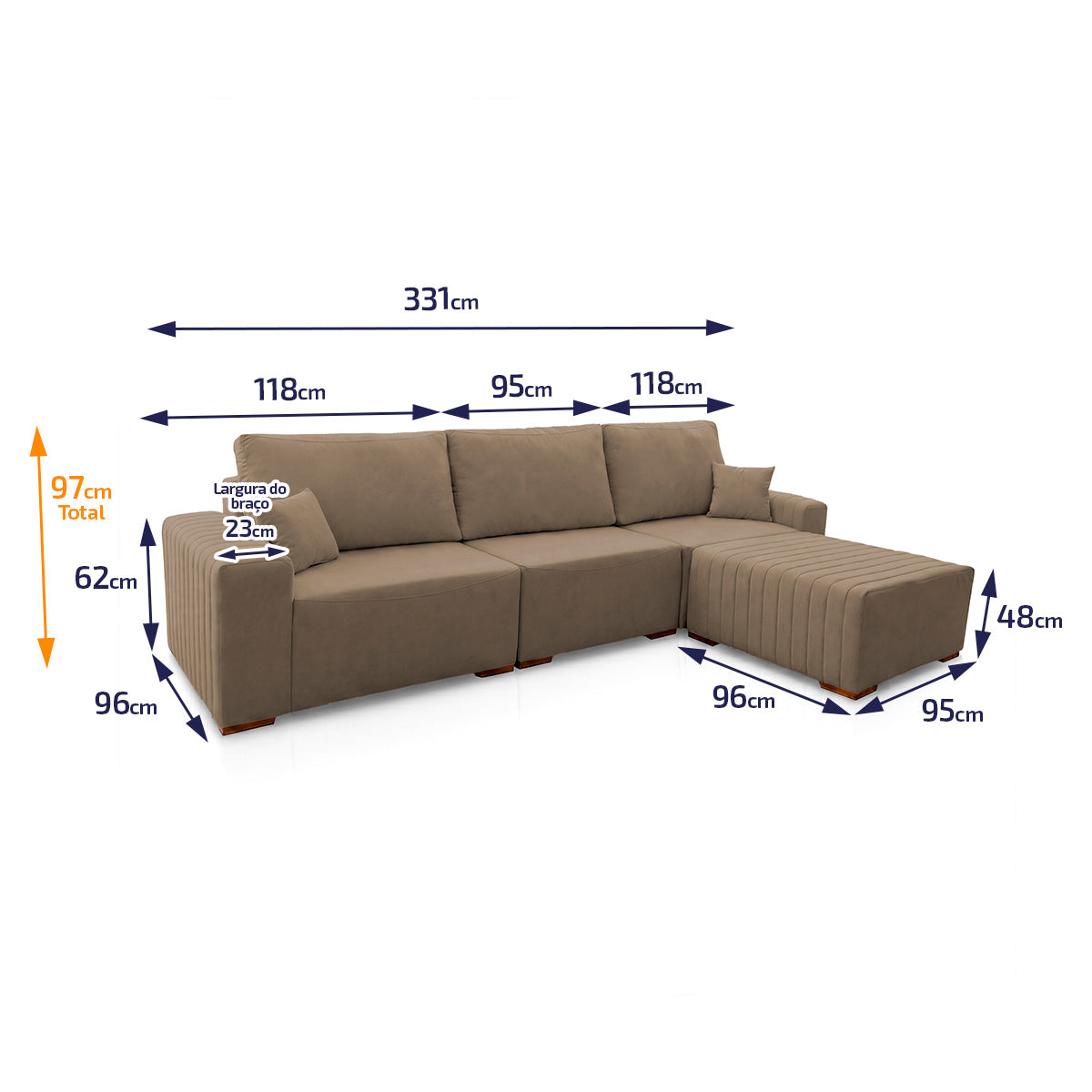Sofá Modular Kavak 3,31m Bouclê Marrom Com Chaise