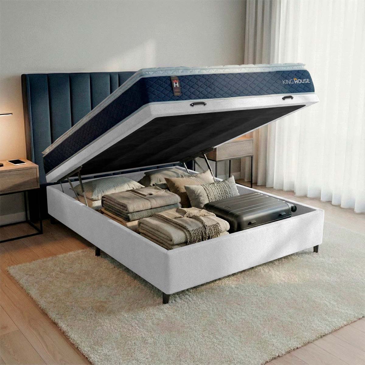 Cama Box Baú Lagras 138x188 Azul e Branco c/ Molas Ensacadas Espuma D26 Suporta 110 kg
