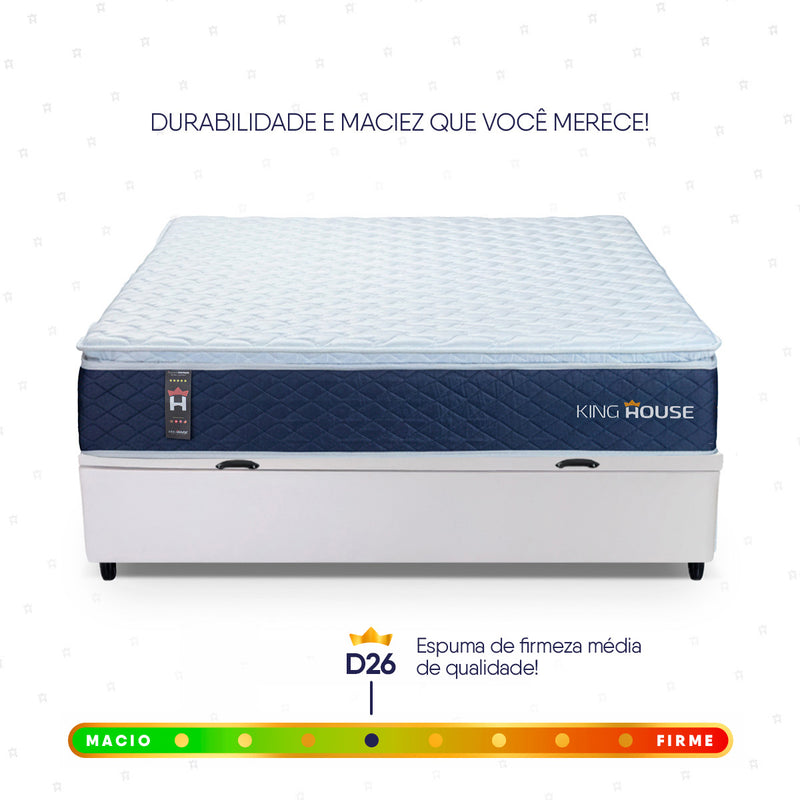 Cama Box Baú Lagras 138x188 Azul e Branco c/ Molas Ensacadas Espuma D26 Suporta 110 kg