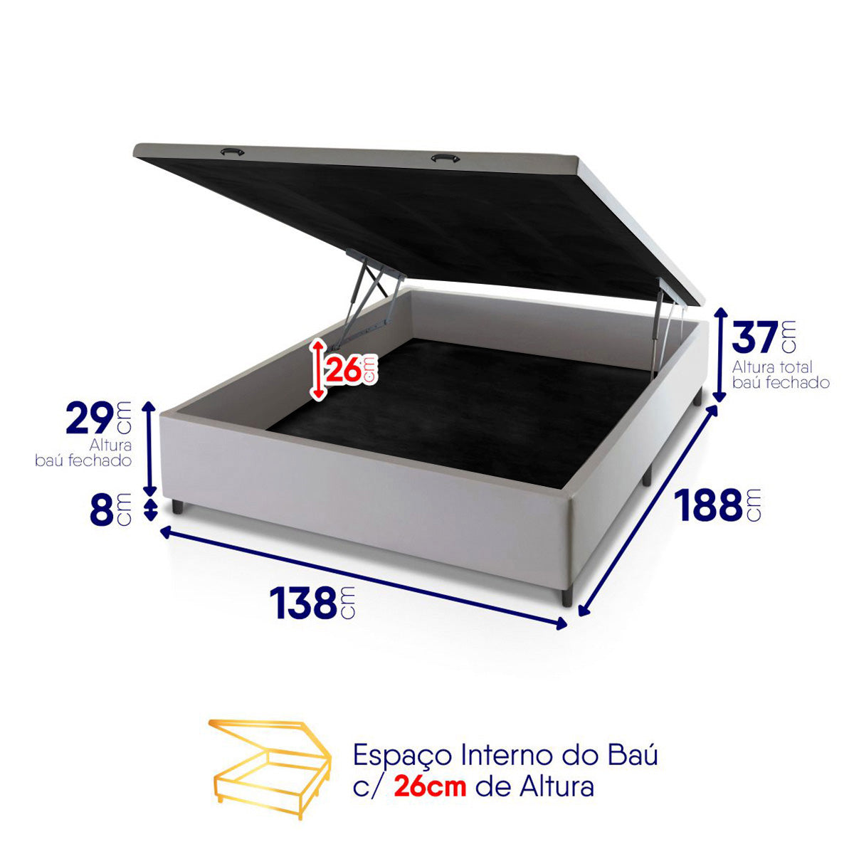 Cama Box Baú Lagras 138x188 Azul e Branco c/ Molas Ensacadas Espuma D26 Suporta 110 kg
