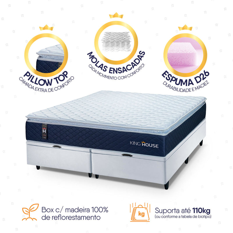 Cama Box Baú Lagras c/ Molas Ensacadas 158x198 Azul e Branco Espuma D26 Suporta 110 kg