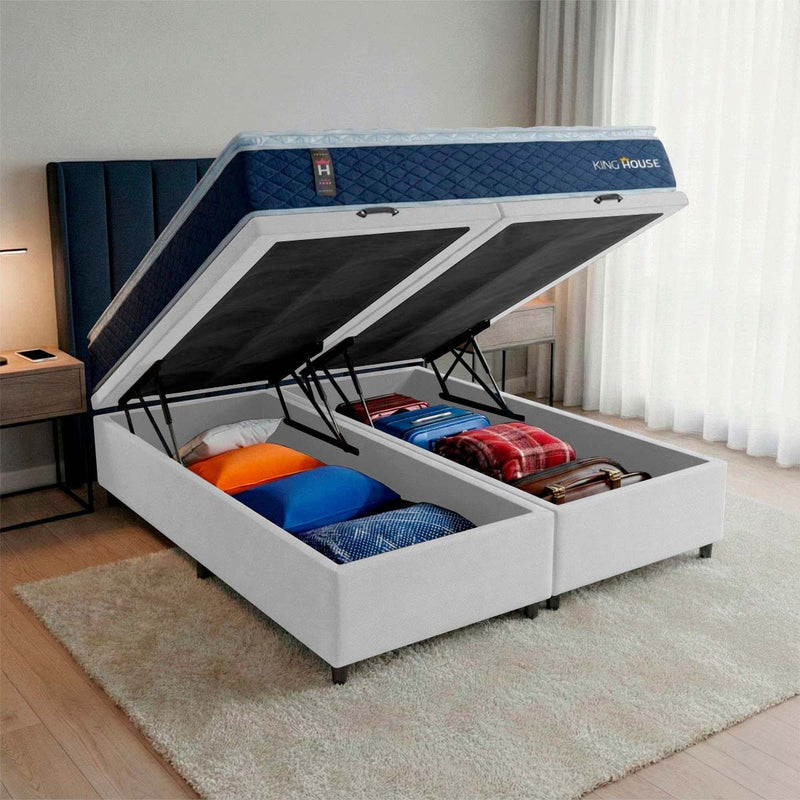 Cama Box Baú Lagras c/ Molas Ensacadas 193x203 Azul e Branco Espuma D26 Suporta 110 kg
