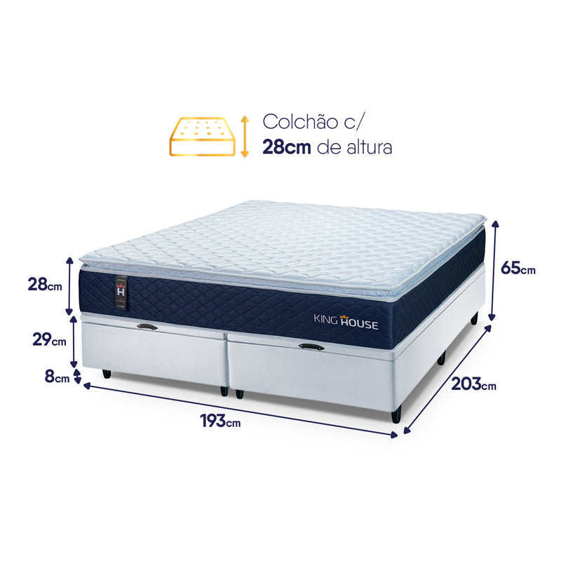 Cama Box Baú Lagras c/ Molas Ensacadas 193x203 Azul e Branco Espuma D26 Suporta 110 kg