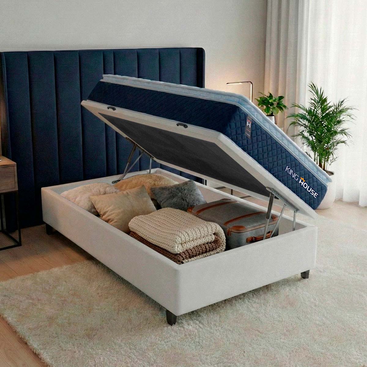 Cama Box Baú Lagras 88x188 Azul e Branco c/ Molas Ensacadas Espuma D26 Suporta 110 kg