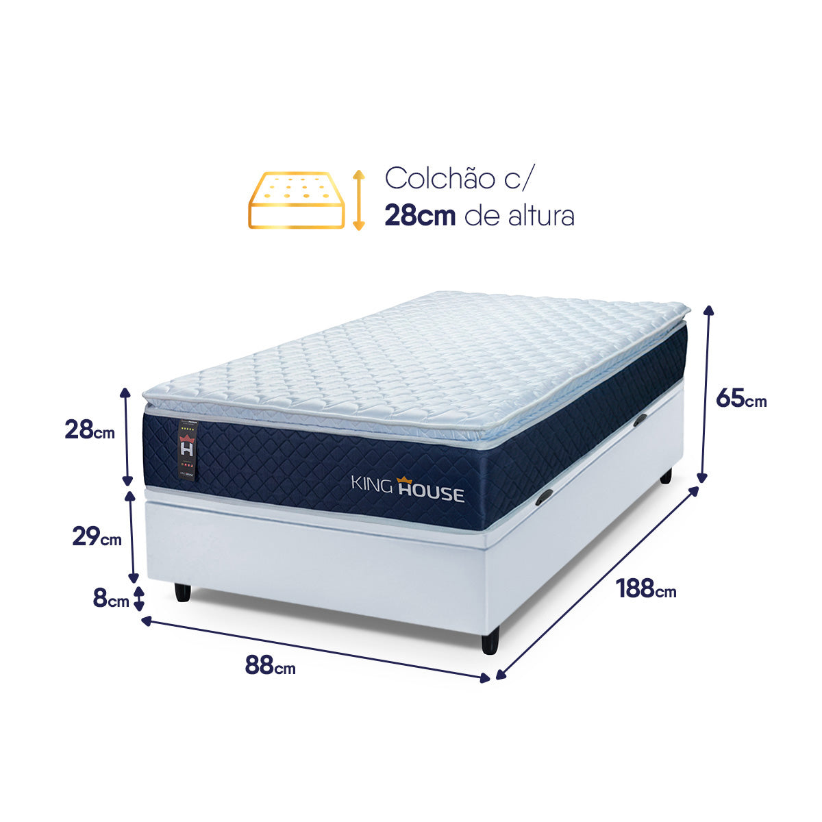 Cama Box Baú Lagras 88x188 Azul e Branco c/ Molas Ensacadas Espuma D26 Suporta 110 kg
