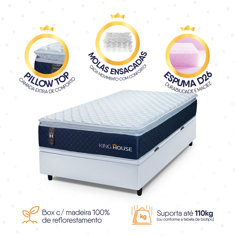 Cama Box Baú Lagras 88x188 Azul e Branco c/ Molas Ensacadas Espuma D26 Suporta 110 kg
