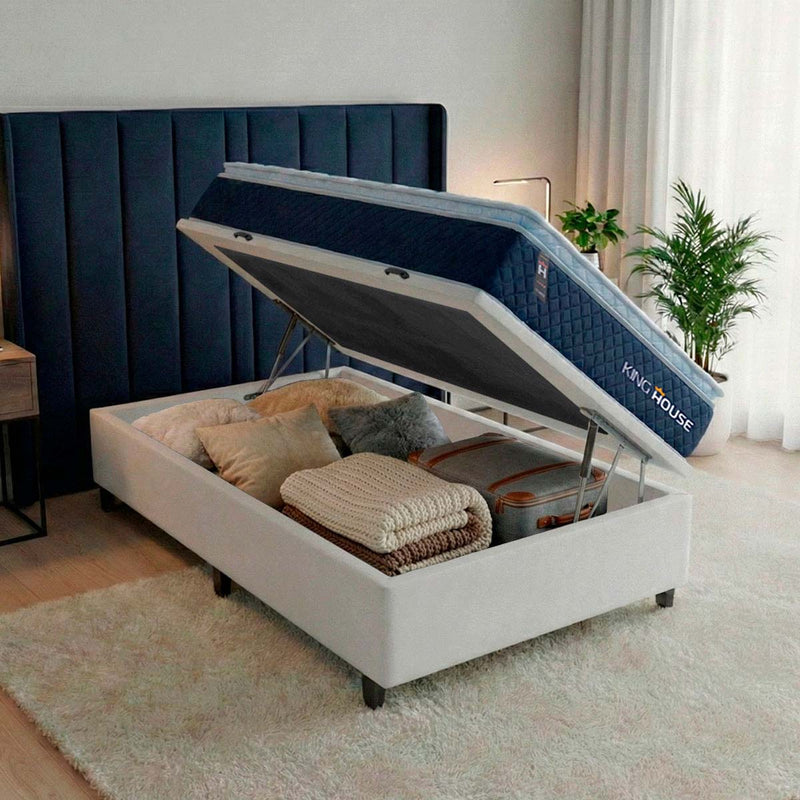 Cama Box Baú Lagras 96x203 Azul e Branco c/ Molas Ensacadas Espuma D26 Suporta 110 kg