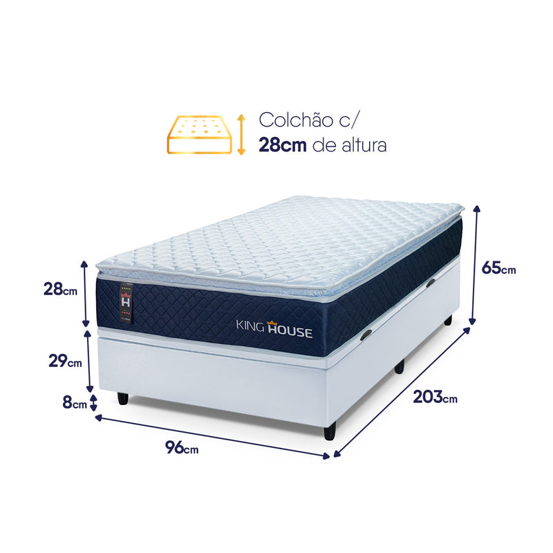 Cama Box Baú Lagras 96x203 Azul e Branco c/ Molas Ensacadas Espuma D26 Suporta 110 kg