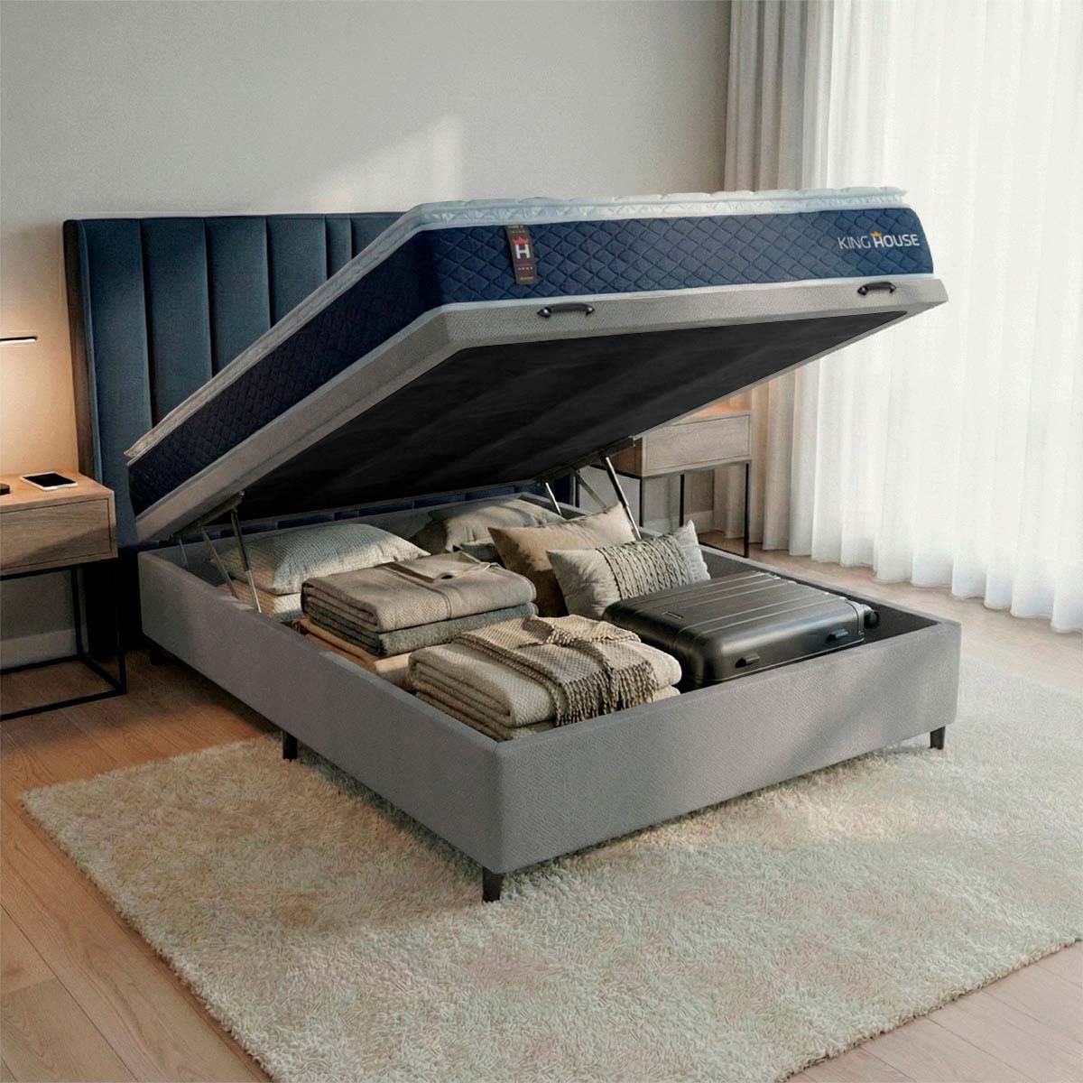 Cama Box Baú Lagras 138x188 Azul e Cinza c/ Molas Ensacadas Espuma D26 Suporta 110 kg