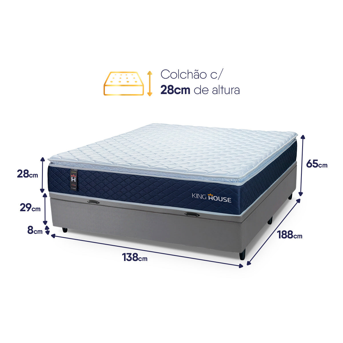 Cama Box Baú Lagras 138x188 Azul e Cinza c/ Molas Ensacadas Espuma D26 Suporta 110 kg