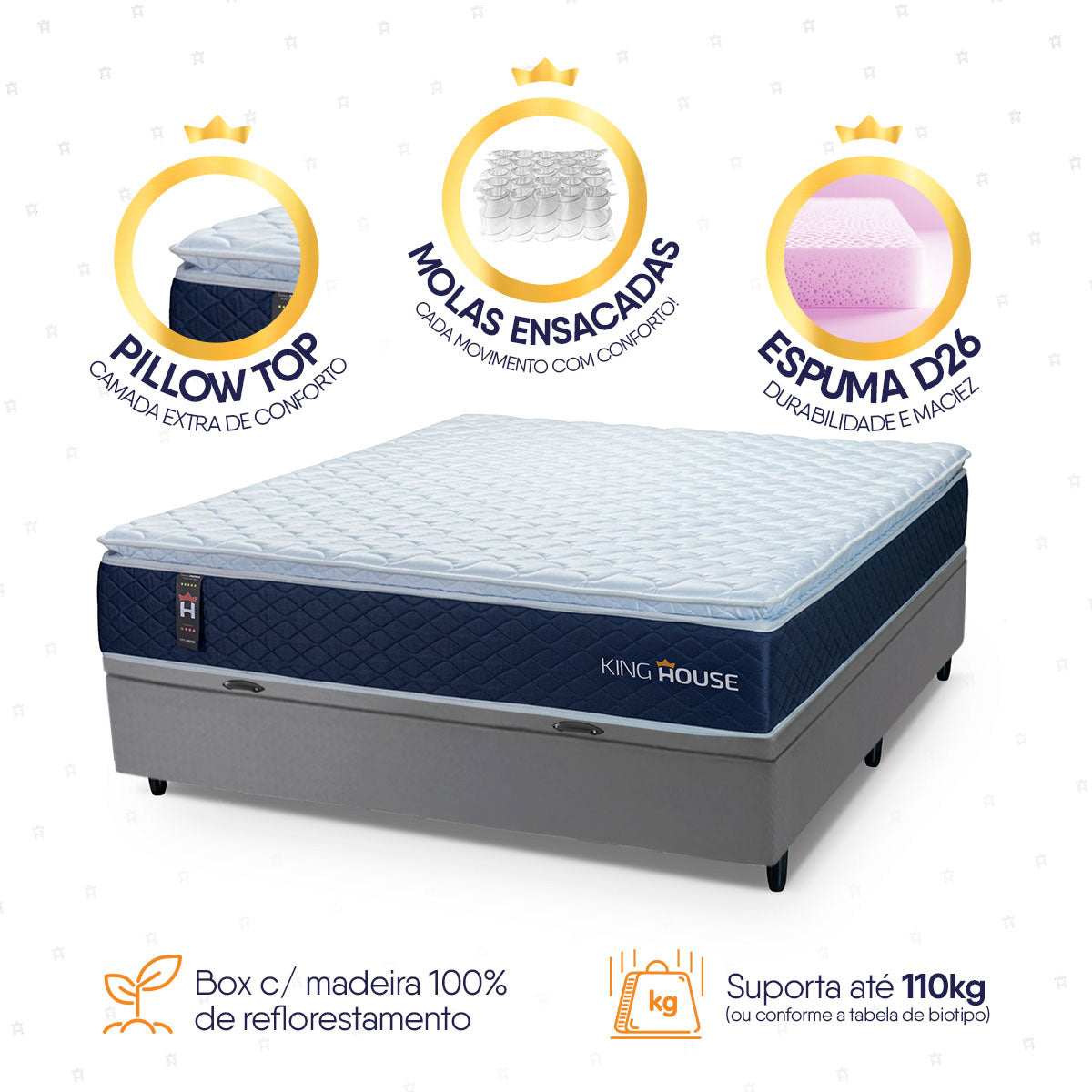 Cama Box Baú Lagras 138x188 Azul e Cinza c/ Molas Ensacadas Espuma D26 Suporta 110 kg