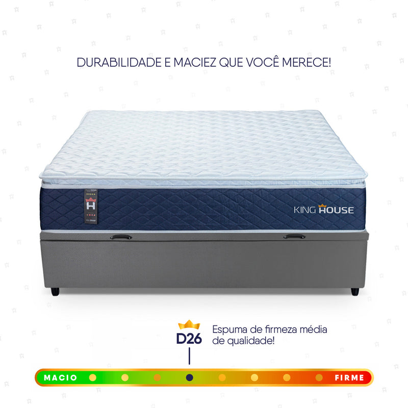 Cama Box Baú Lagras 138x188 Azul e Cinza c/ Molas Ensacadas Espuma D26 Suporta 110 kg