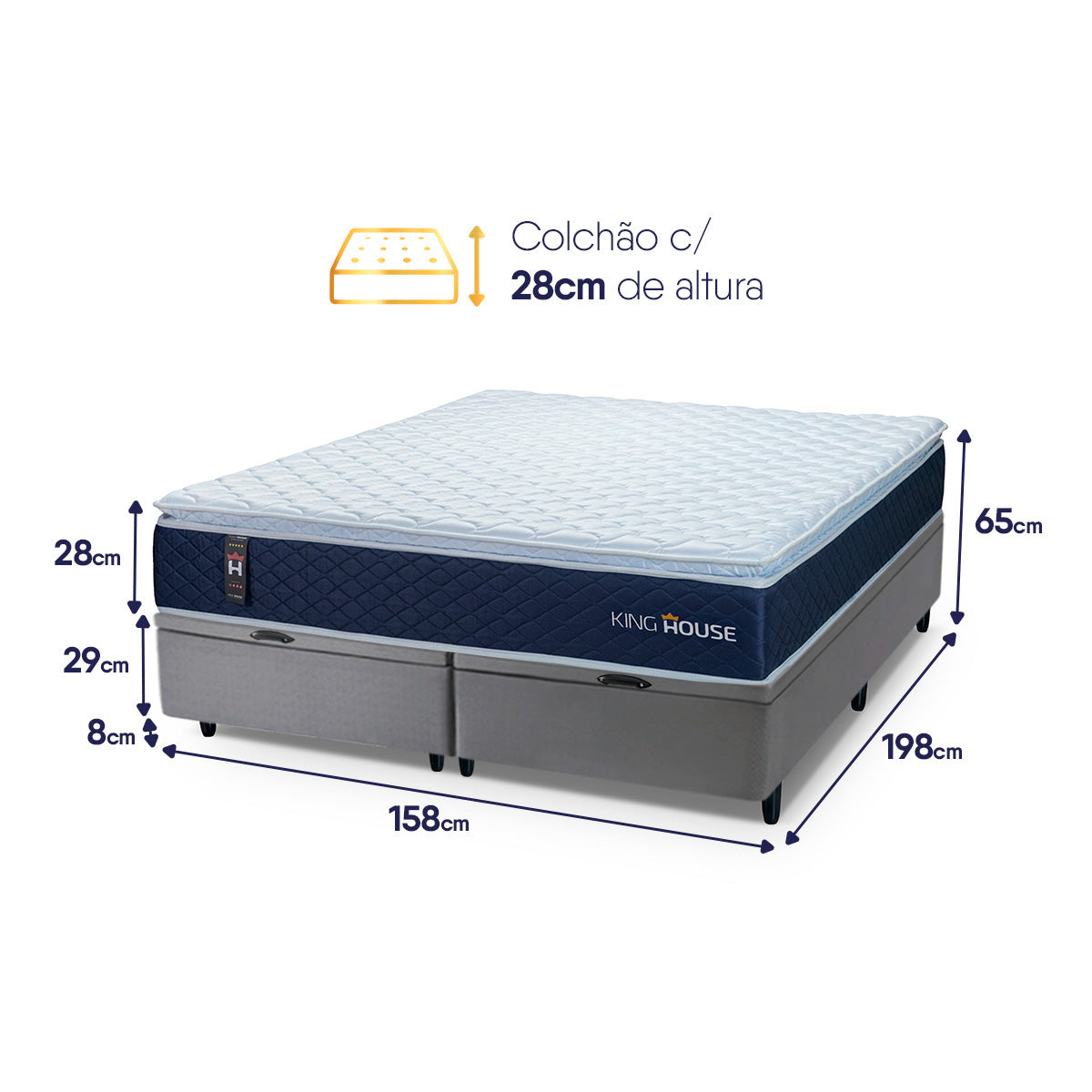 Cama Box Baú Lagras c/ Molas Ensacadas 158x198 Azul e Cinza Espuma D26 Suporta 110 kg