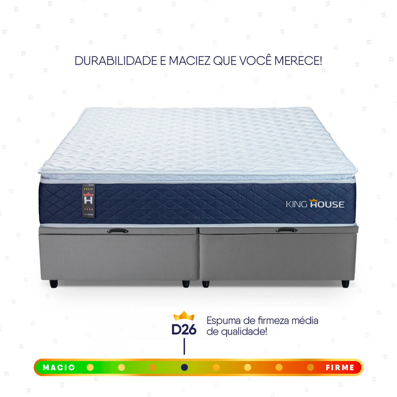 Cama Box Baú Lagras c/ Molas Ensacadas 158x198 Azul e Cinza Espuma D26 Suporta 110 kg