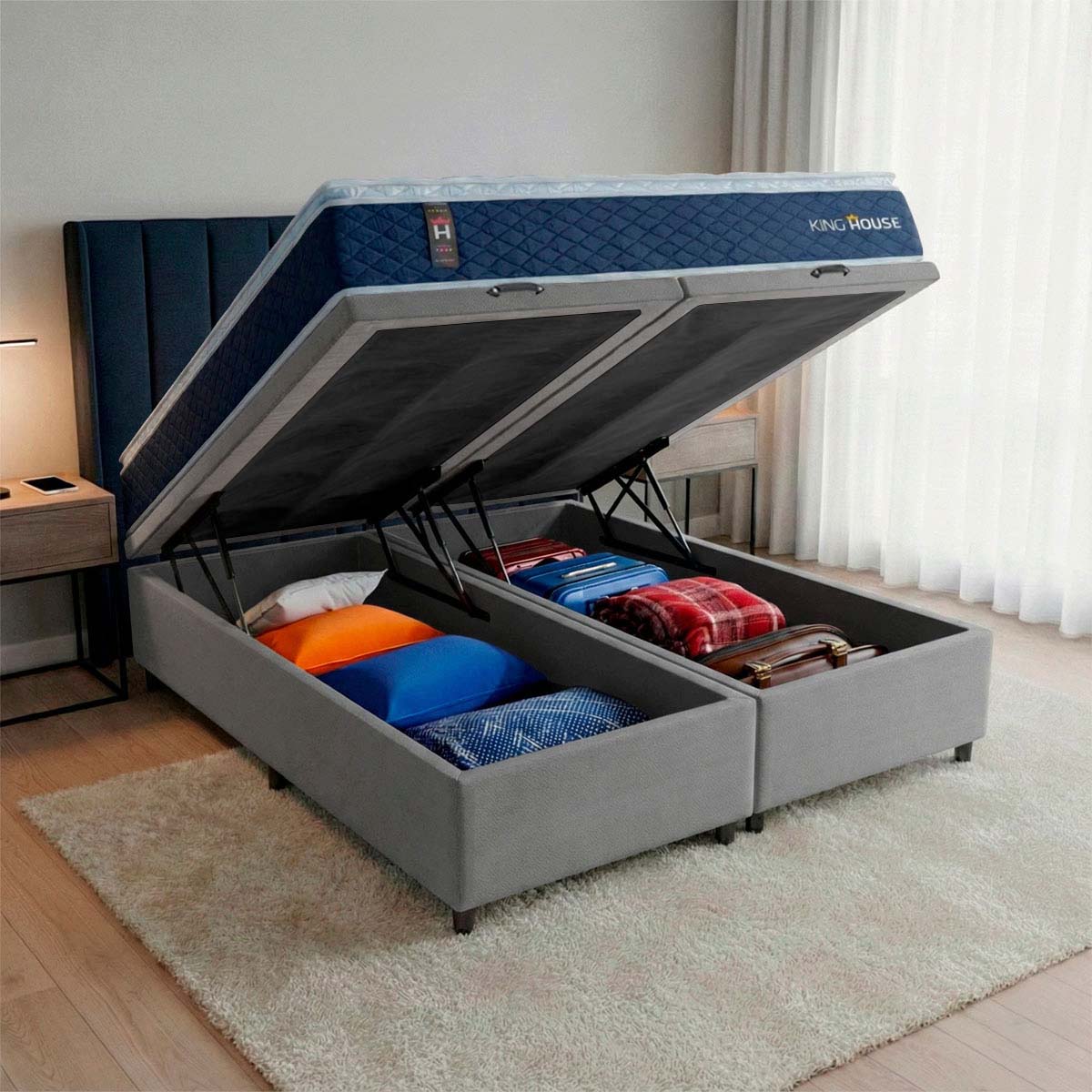 Cama Box Baú Lagras c/ Molas Ensacadas 193x203 Azul e Cinza Espuma D26 Suporta 110 kg