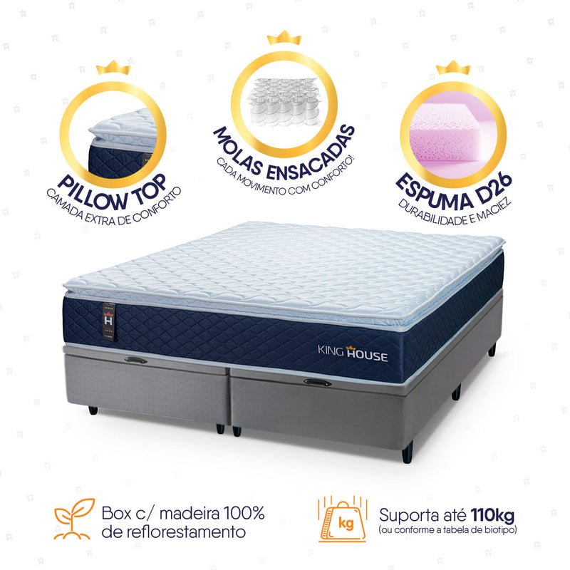 Cama Box Baú Lagras c/ Molas Ensacadas 193x203 Azul e Cinza Espuma D26 Suporta 110 kg