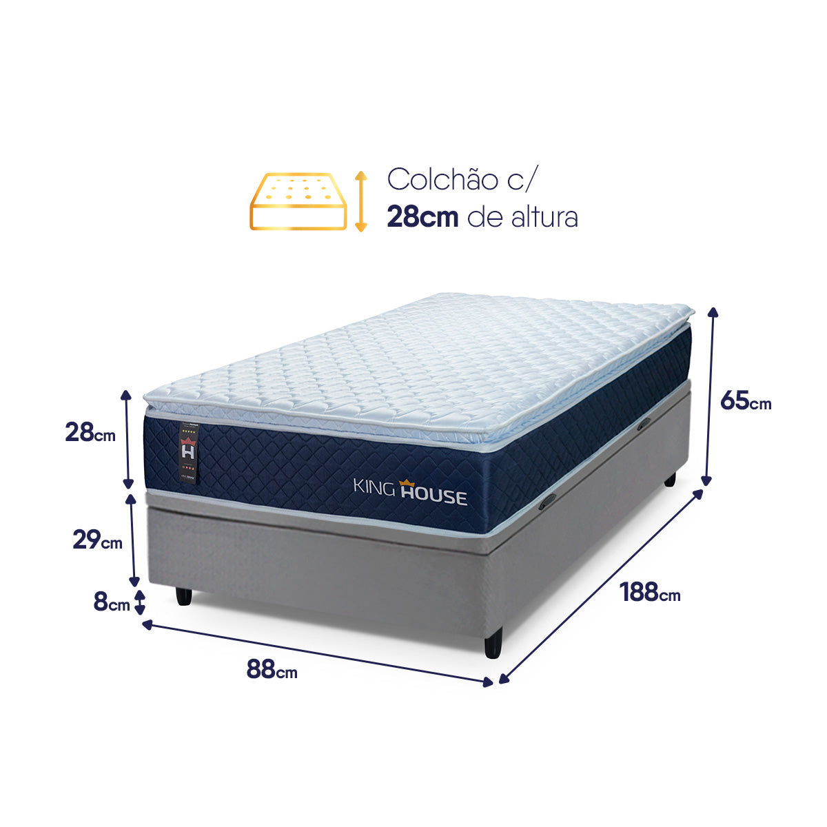 Cama Box Baú Lagras 88x188 Azul e Cinza c/ Molas Ensacadas Espuma D26 Suporta 110 kg