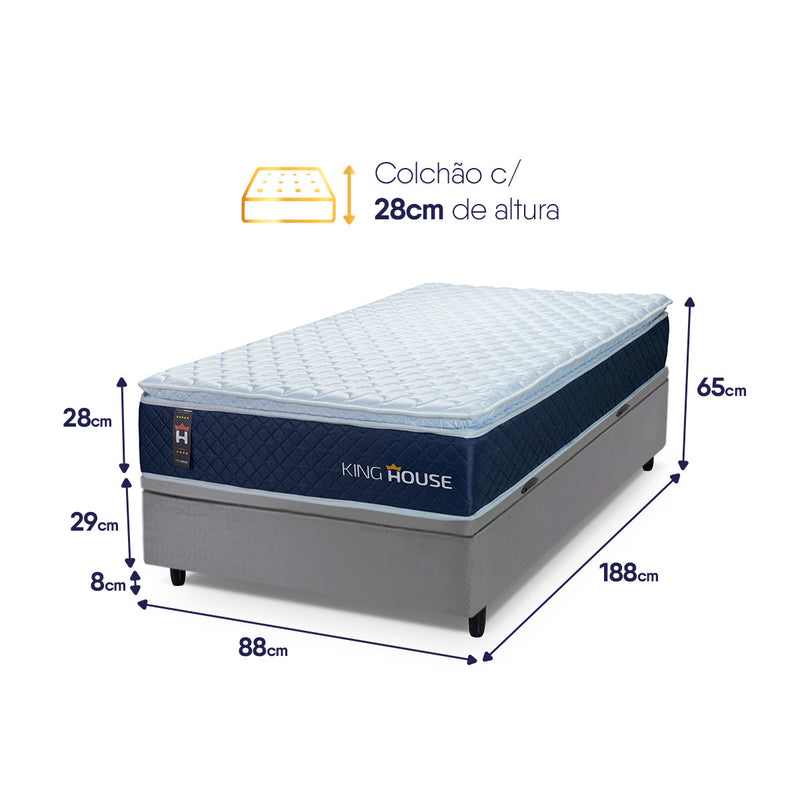 Cama Box Baú Lagras 88x188 Azul e Cinza c/ Molas Ensacadas Espuma D26 Suporta 110 kg