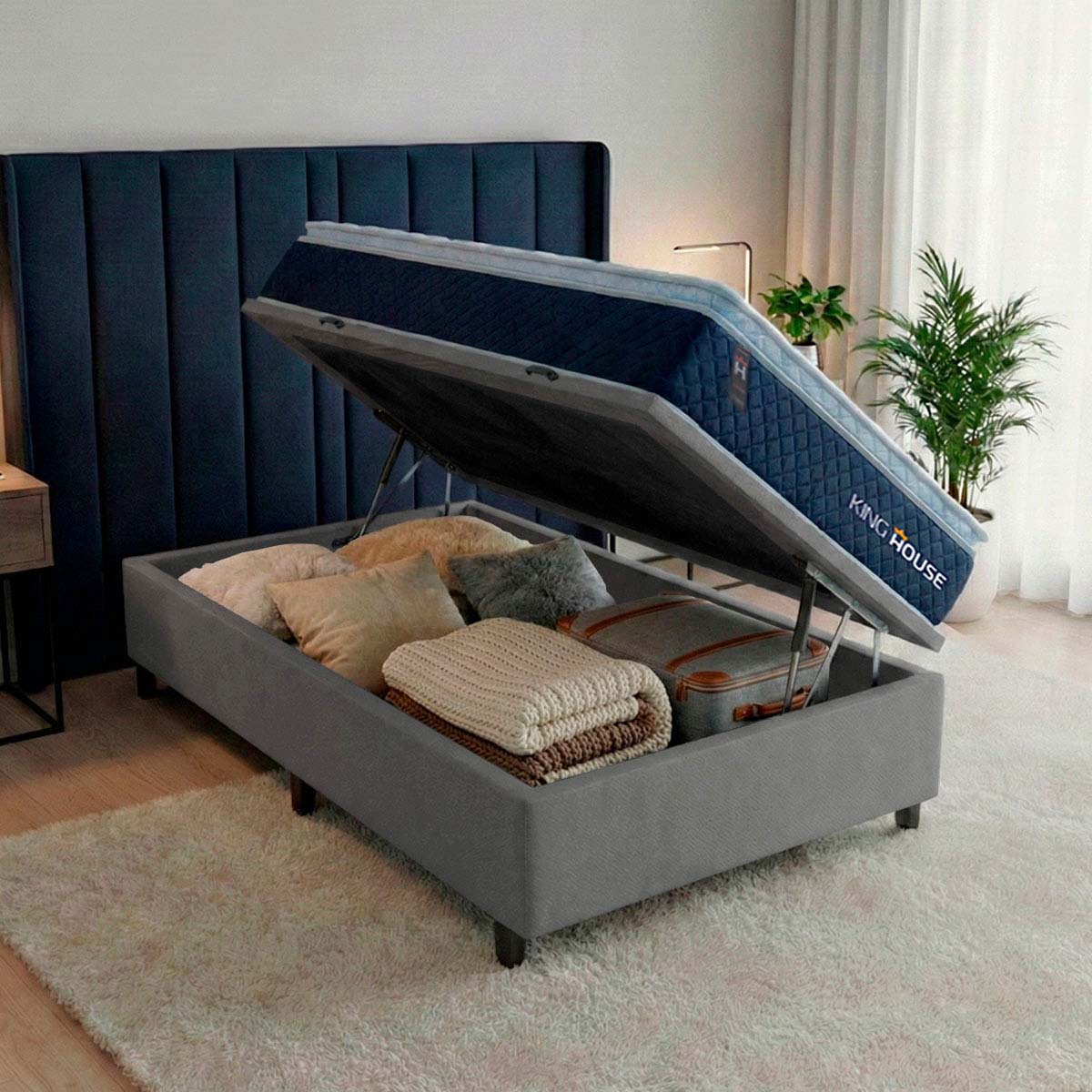 Cama Box Baú Lagras 96x203 Azul e Cinza c/ Molas Ensacadas Espuma D26 Suporta 110 kg