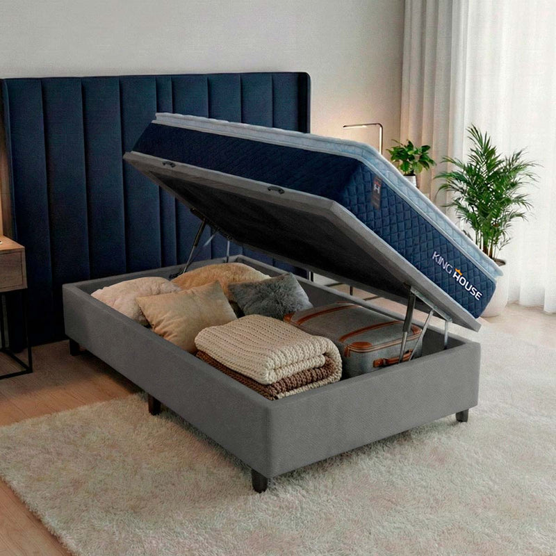 Cama Box Baú Lagras 96x203 Azul e Cinza c/ Molas Ensacadas Espuma D26 Suporta 110 kg