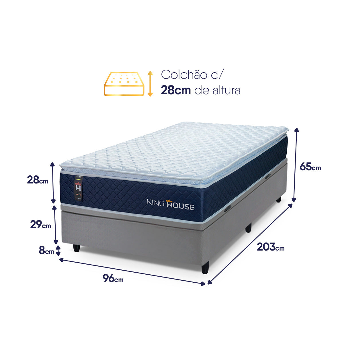 Cama Box Baú Lagras 96x203 Azul e Cinza c/ Molas Ensacadas Espuma D26 Suporta 110 kg