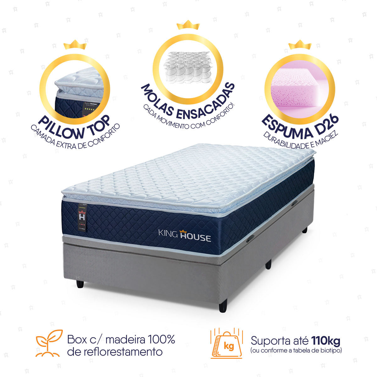 Cama Box Baú Lagras 96x203 Azul e Cinza c/ Molas Ensacadas Espuma D26 Suporta 110 kg