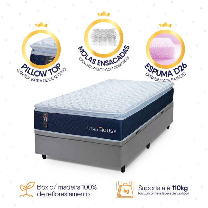 Cama Box Baú Lagras 96x203 Azul e Cinza c/ Molas Ensacadas Espuma D26 Suporta 110 kg