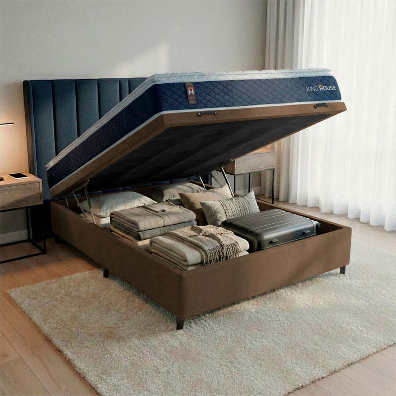 Cama Box Baú Lagras 138x188 Azul e Marrom c/ Molas Ensacadas Espuma D26 Suporta 110 kg