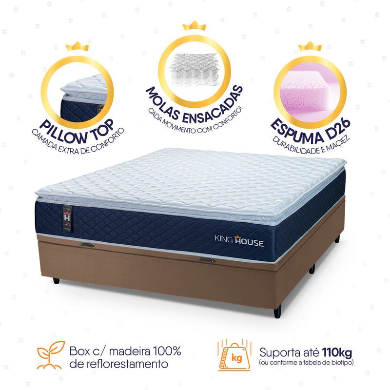 Cama Box Baú Lagras 138x188 Azul e Marrom c/ Molas Ensacadas Espuma D26 Suporta 110 kg