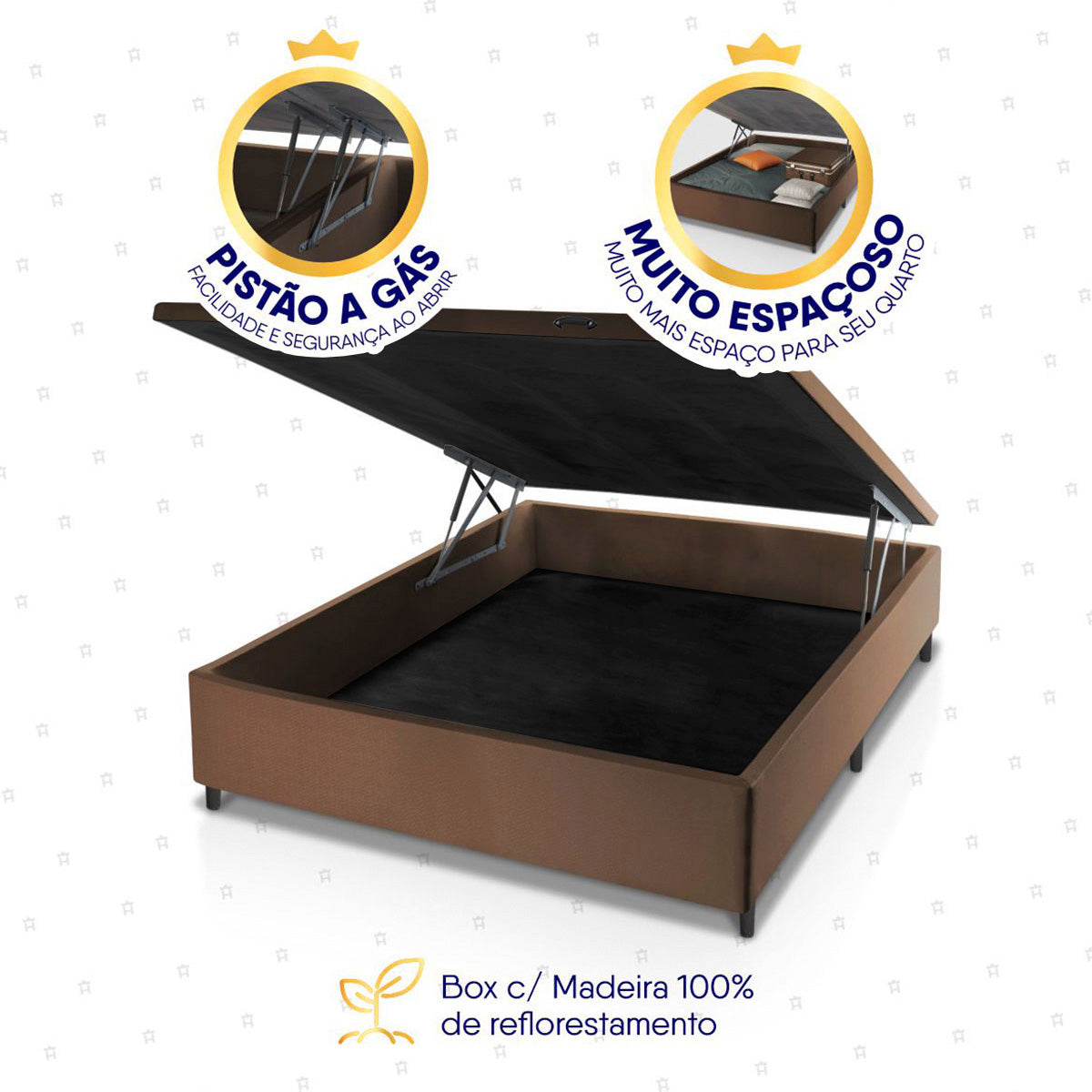 Cama Box Baú Lagras 138x188 Azul e Marrom c/ Molas Ensacadas Espuma D26 Suporta 110 kg