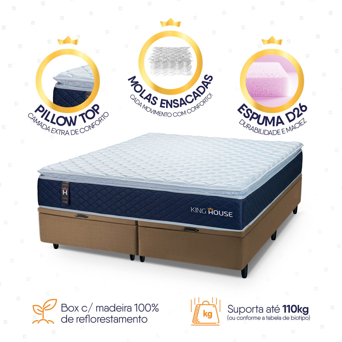 Cama Box Baú Lagras c/ Molas Ensacadas 158x198 Azul e Marrom Espuma D26 Suporta 110 kg