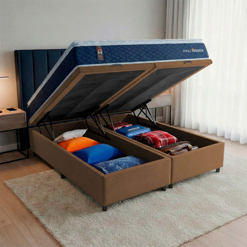 Cama Box Baú Lagras c/ Molas Ensacadas 193x203 Azul e Marrom Espuma D26 Suporta 110 kg